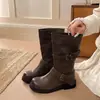 Botas Vaqueras Martin de Cuero Vintage Desgastado Chuyuji para Mujer, Nuevo Estilo Otoño-Verano 2026, Botas de Media Caña con Tacón Grueso