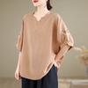 Camisa de Algodón y Lino Bordada Estilo Étnico Retro para Mujer Verano 2025 Delgada Camisa para Madres de Mediana Edad Elegante Top de Lino