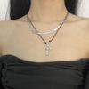 Dulce Cool Moda Lazo Perla Colgante Cruz Cadena Clavícula Doble Capa Collar Nuevo con Sentido de Diseño Personalizado de Lujo Ligero