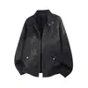 Chaqueta de cuero PU Hanlu estilo retro americano desgastado tie-dye falso para hombre, otoño, corta, silueta ancha, cuello alto, chaqueta de motociclista