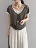 Então O Ar Condicionado Portátil Tencel Falso Duas Peças Manga Curta Emagrecedor Feminino Estilo Coreano Decote V Bloco de Cores Patchwork Camiseta N8726