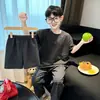 Nuevo Estilo Conjunto de Pijama de Verano para Niños con Mangas Cortas y Pantalones Largos, Ropa de Casa tipo Algodón para Niños Grandes, Conjunto Delgado de Tres Piezas para Niños