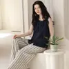Artículos Populares en Stock para Transmisión en Vivo (con copas) Pijama de Algodón para Mujer, Camiseta sin Mangas de Verano, Manga Corta, Pantalones Largos, Envío Directo (Dropshipping)