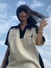 American Academy Estilo Camiseta de manga curta Feminino Verão Contraste Cor Costura Polo Gola T-shirt Pescoço Redondo Casal Pesado Top Ins
