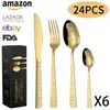 Novo padrão Amazon conjunto de 24 peças de talheres de aço inoxidável, faca, garfo e colher, conjunto de talheres ocidentais para 6 pessoas