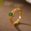 Anel Feminino S925 Prata Esterlina Banhado a Ouro Jaspe Hetian Padrão Vazado Decorativo Abertura Personalidade Retrô