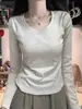 2025 Primavera e Outono Estilo Ins Algodão Puro Camiseta Base de Ombro Gola V Estilo Coreano Estilo Preguiçoso Cintura Apertada Emagrecimento Top Interno de Manga Longa