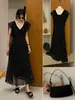 Vestido longo floral de renda preta texturizada estilo francês BRIVIN para mulheres, novo de verão com decote V, acinturado, emagrecedor - 9220
