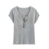Comercio Exterior para Mujer Versátil Nuevo Color Sólido Manga Corta Moda Casual Estilo Europeo y Americano Verano Botón Top de Punto con Cuello