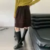 Falda de pana marrón, estilo retro japonés, dobladillo con volantes, cintura elástica, falda de longitud media, falda de línea A de cintura alta para figuras petite
