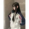 Cardigan Jaqueta Listrado com Zíper Casual Versátil Gola Reversível Unissex Moda Coreana Outono e Primavera Solto