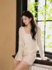 Cárdigan de punto calado con cuello en V y ribete de encaje francés, nueva colección de otoño, suéter de lana con hilo dorado para mujer, prenda exterior, blusa para mujer