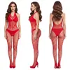 Fábrica de comercio exterior body transparente con cuello halter y medias de rejilla, temática navideña, sin espalda, entrepierna abierta, fácil de quitar, lencería sexy