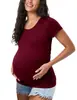 Amazon Europa Verano Camiseta de Manga Corta de Maternidad Color Sólido Estampado Cuello Redondo Elástica Ropa de Maternidad Superior Ropa Exterior