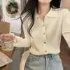 Tecido de fio fiado no núcleo, gola de polo, suéter de malha canelada abotoado, blusa de manga longa para usar em camadas no outono e inverno, cardigã feminino