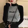 Gola Alta Meia Manga Estilo Coreano Novo Veludo Alemão Camiseta Básica Outono e Inverno Cinza Ombro Direito Slim Fit Manga Raglan Feminina Manga Longa