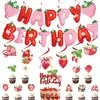 Novas decorações de festa de aniversário com tema de morango, banner de feliz aniversário, toppers de morango para decoração de bolo