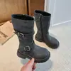 Botas Altas Retro con Hebilla para Niñas 2026 Otoño/Invierno Nuevas Punta Redonda Botas de Montar para Niña Niños Medianos y Grandes Botas Altas