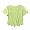 Camiseta Curta com Bainha Curva, Gola Quadrada Francesa, Cintura Alta, Verão Sexy, Ombro Direito Descoberto, Manga Curta, Para Usar por Baixo, Top Puro Desejo