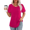 Camiseta Feminina de Cor Sólida com Gola Redonda, Plissada e Solta - Verão 2026 - Camisa Básica - Mais Vendida no Site Independente da Amazon