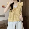 Camisa Feminina Manga Curta Falsa Duas Peças Top Verão 2026 Novo Estilo Coreano Doce Xadrez Colete Sem Manga Camisa