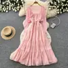 Vestido camisola suave estilo francês para mulheres, conjunto de verão de duas peças, proteção solar, afina a cintura, saia em camadas, look estilo férias