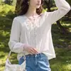 Novedad de Otoño: Camisa Blanca Francesa de Encaje con Cuello en V y Mangas Largas para Mujer en Acetato de Tencel, Estilo Elegante de Socialité, Ropa para Mujer Nanyou