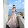 Atmosfera de Férias Ilha Dopamina Estilo Tailandês Desejo Puro Doce Picante Super Fada Menina Floral Malha Bodycon Alça Vestido Longo