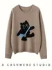 Suéter de Caxemira Feminino de Gola Redonda Solto Pulôver Outono e Inverno com Design de Gato, Estilo Preguiçoso e Camiseta de Tricô Interna Redutora de Idade