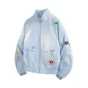 Jaqueta Retro Americana Jack com Gola Alta, Design Floral Tridimensional, Destacável, Versátil com Bolsos Cargo, Adequada para Casais