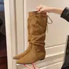 ¡Hace que las piernas se vean súper largas! Botas altas de plataforma con cuña y tacón grueso de encaje retro para otoño, punta fina, caña ancha, tacón alto, hasta la rodilla para mujer