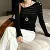 Nuevo top de punto estilo 'chica hot' de deseo puro, con hombros descubiertos, cuello diagonal, botones flotantes, transparente, ajustado y sexy