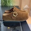 Tamancos Estilo Birkenstock com Solado Grosso e Bico Redondo para Aumento de Altura para Mulheres, Novo 2025 Versátil Respirável Casual Couro Macio Meia-Chinelinho Sapatos Femininos