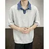 Camisa Polo Retro Americana Falsa de Duas Peças Relaxada Manga Curta Cor Color-Blocking Tendência Versátil de Verão