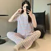 Pijama para Mujer, Primavera y Otoño, Estilo Coreano Ins Algodón Manga Corta Pantalón Largo, Dulce Casual Rayas Conjunto de Ropa de Casa para Niña