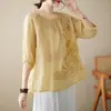 Camisa bordada de estilo chino, artística y elegante, con un diseño retro, de corte holgado, tejido fino y manga corta, perfecta para el verano y para crear un efecto adelgazante.