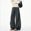 Calça de moletom pesada desconstruída cinza escuro para homens, calças casuais retas largas estilo americano de outono, calças esportivas largas e curvas da moda