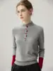 Suéter de Cachemira de Lujo Ligero con Cuello Alto y Bloques de Color para Mujer Otoño Invierno Botones Ajustado Capa Base Suéter Tejido Atmosférico