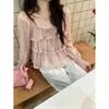 ¡Foto real de la nueva blusa de gasa en capas con volantes para otoño para mujer con un fuerte sentido del diseño! Blusa de manga larga