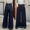 Calça Jeans Wide Leg Bordada Azul Denim para Mulheres 2026 Cintura Alta Comprimento Total Modeladora e Moldadora para Figuras Baixas Calça Longa