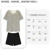 Pijama de Algodón Puro para Mujer Verano Cuello Redondo Manga Corta Shorts Rayados Casuales Estilo Delgado Holgado Cómodo Estudiante Se Puede Usar Fuera de Casa Ropa para el Hogar