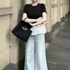 Camiseta de Renda com Ponto Ballet Francês Manga Curta Feminina Verão Nova Slim Fit Emagrecedora Base Interna Top