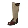 Botas de montar altas para mujer en bloques de color de piel de vaca y tela, otoño e invierno, cuero genuino, puntera redonda, tacón medio, sin cordones, hasta la rodilla, caña recta