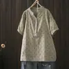 Blusa top de manga corta floral de gasa de algodón de doble capa con cuello en V para mujer, camisa holgada de talla grande para mujer