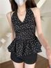 Chaleco Halter de Punto de Onda Negra con Cuello en V Verano 2025 Nuevo Diseño Floral Bud Cintura Ceñida Espalda Hermosa Prenda Exterior Superior para Mujer