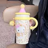 Taza aislada con asa de gato de dibujos animados con estampado de leopardo, acero inoxidable 316, diseño elegante y lindo para niñas, mini taza de hielo, botella de agua de gran capacidad