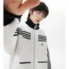 Chaqueta de Rayas con Bloques de Color Retro Americana para Hombres y Mujeres, Nuevo Abrigo con Cuello Alto Estiloso High Street de Otoño e Invierno