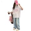 Conjunto de Camiseta Estampada y Jeans para Niñas 2026 Verano Nueva Moda Jeans Rectos Manga Corta Holgada para Niños Mayores