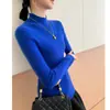 Camiseta Básica de Punto de Cachemir Ajustada Adelgazante de Color Sólido Todo-partido de Cuello Semi-alto de Gama Alta sin Costuras
