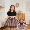 Vestido Princesa de Verão para Meninas, Cor Pêssego, Coração, Malha Dupla, Manga Bufante, Contraste Rosa e Preto com Laço, Doce